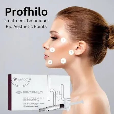 Illustrasjon av injeksjonspunktene for Profhilo i ansiktet, med en Profhilo-eske